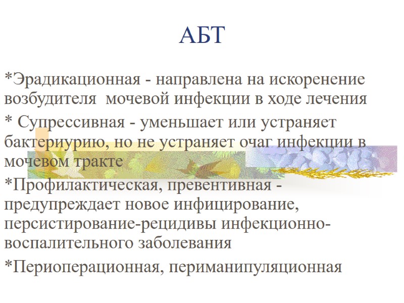 АБТ *Эрадикационная - направлена на искоренение возбудителя  мочевой инфекции в ходе лечения *